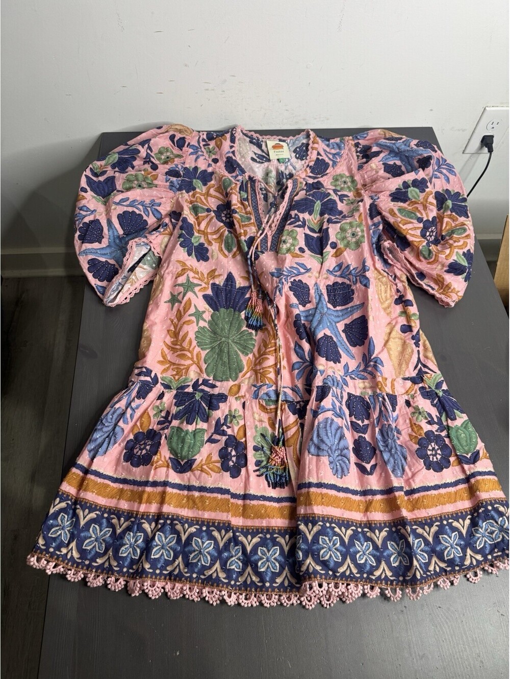 Farm Rio Seashell Tapestry Pink Short Sleeve Mini Dress - Picture 4 of 9